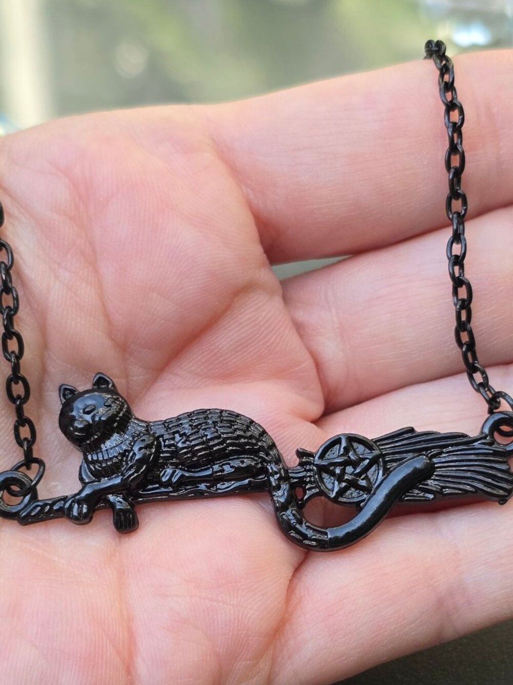 Cat on Broom ✦ Witch Familiar Pendant ✦ Gothic Alt Celestial Necklace NWT